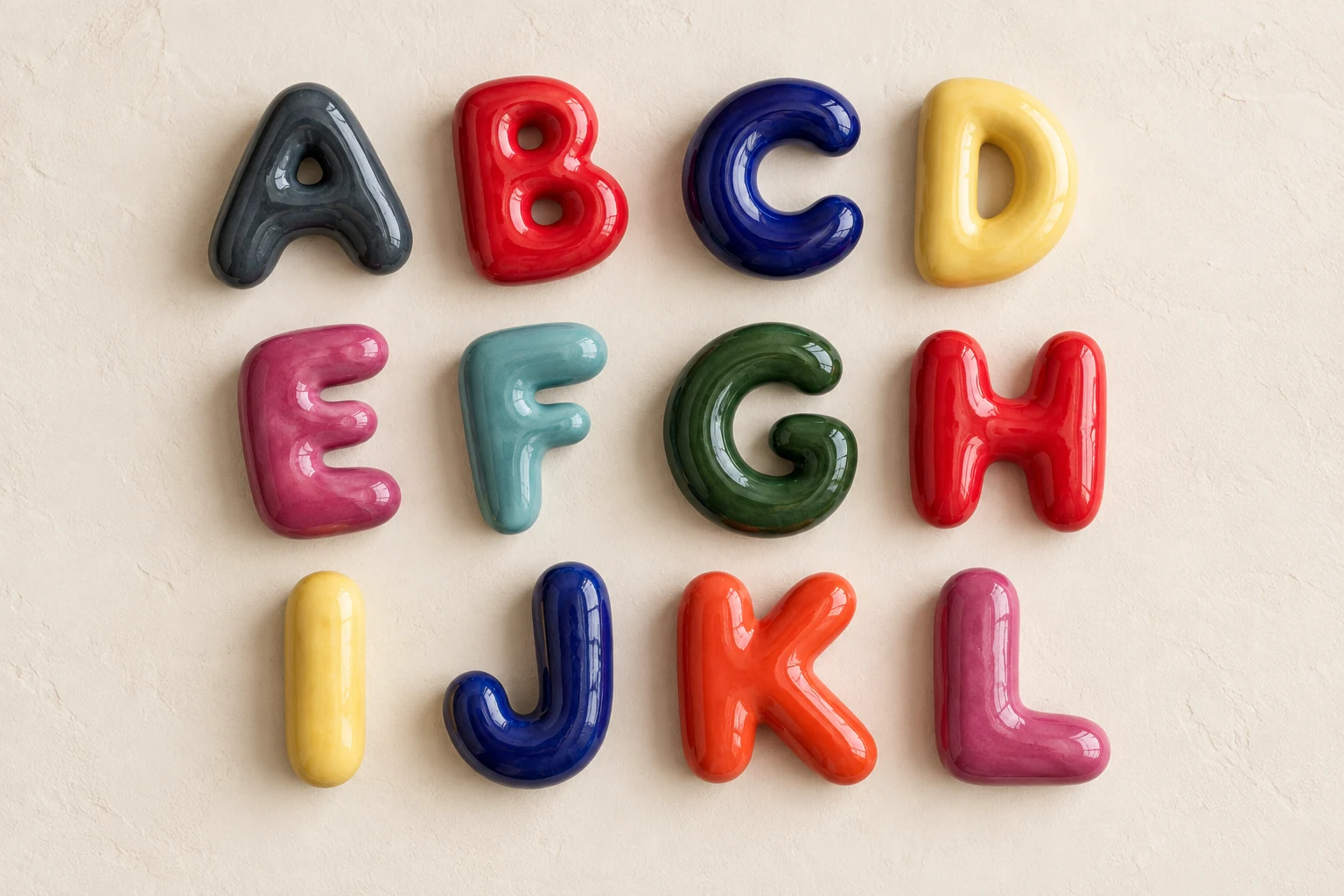 Colourful glossy ceramic alphabet letters on a warm ivory background